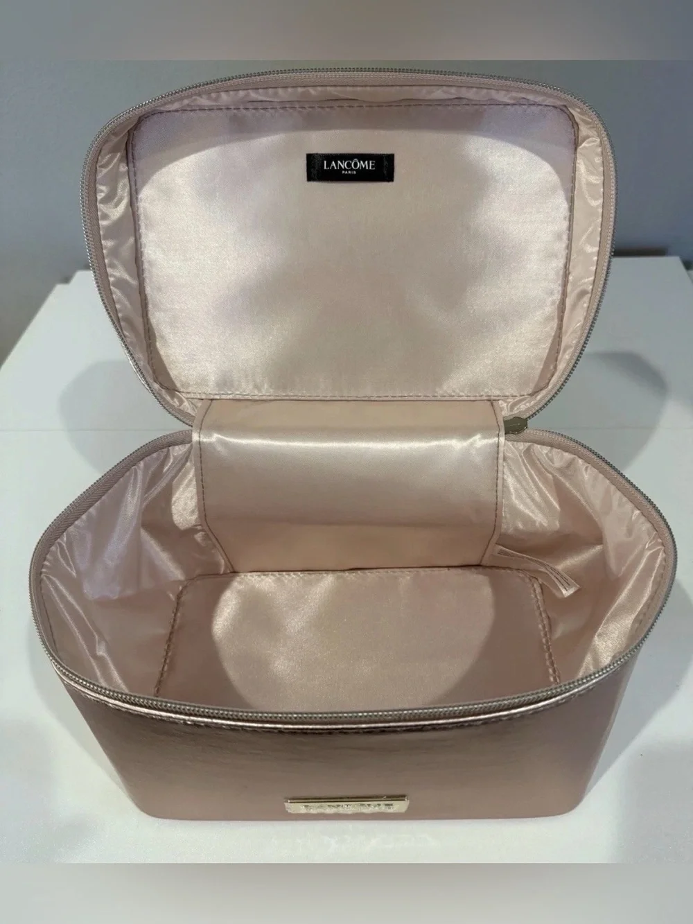 Lancôme Rose Gold Train Case Makeup Bag Large Cosmetic Travel Organizer NEW